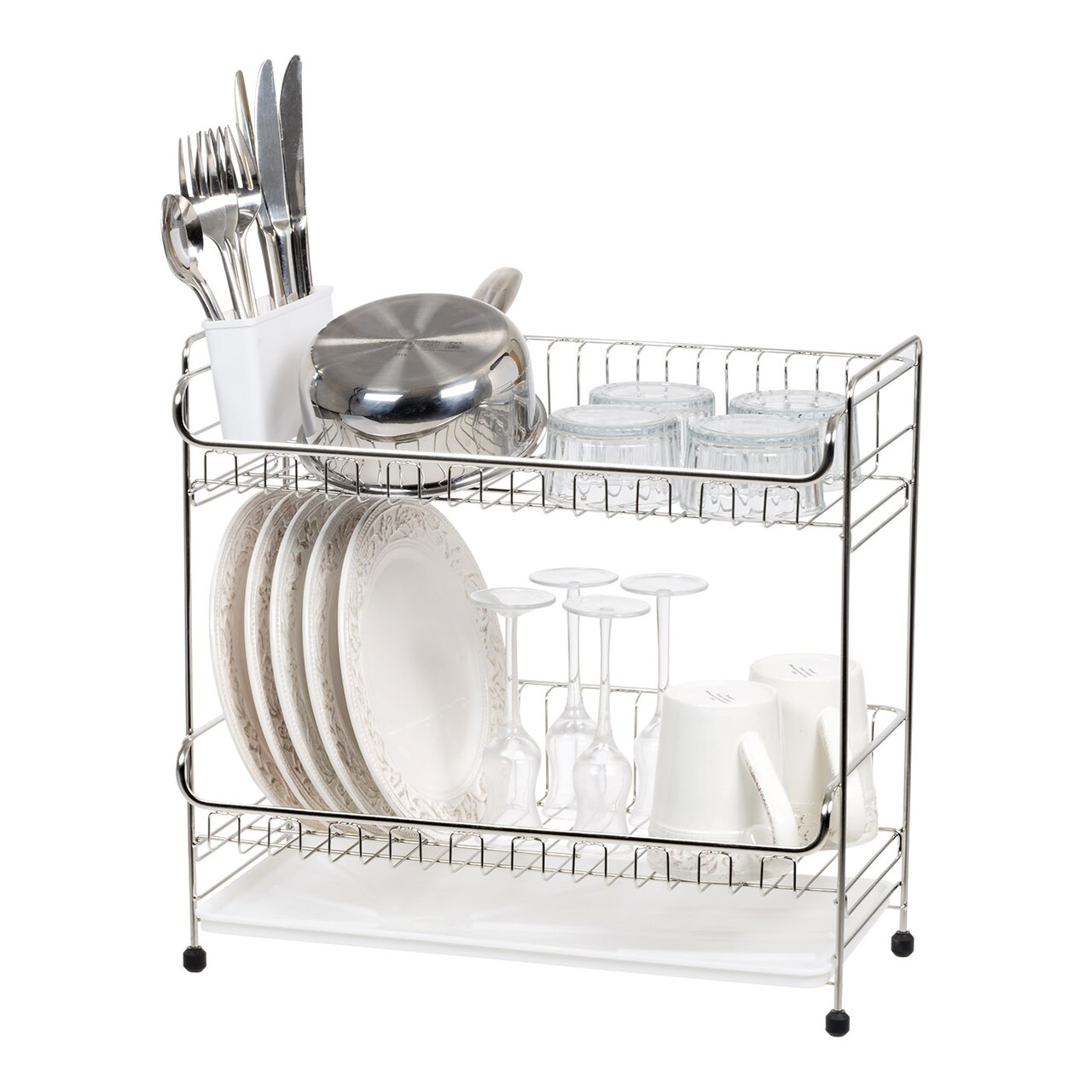 IRIS USA 2-tier Slim-sized Dish Rack with Drain Spout, Dish drying rack, dish drainer, White